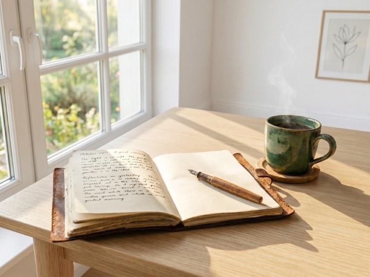 Journal and coffee in morning light