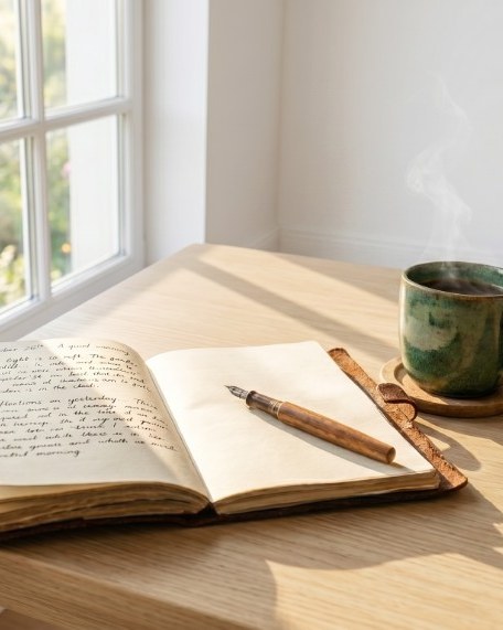 Journal and coffee in morning light